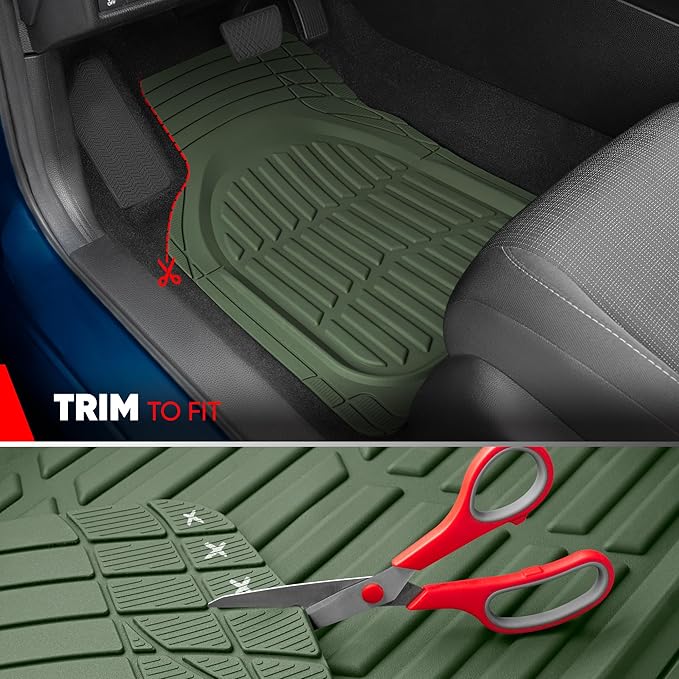 Motor Trend FlexTough LITE Rubber Car Mats Full Set - All Weather Floor Mats for Trucks, Cars & SUVs - Automotive Waterproof Green Car Floor Mats for Cars Interior Accessories Universal Trim-to-Fit