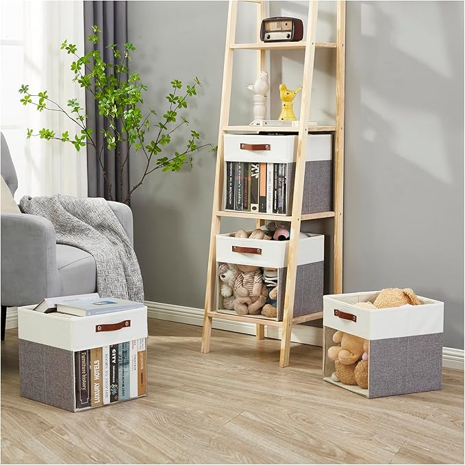 Bagnizer Storage Cubes, 4 Pack Linen Foldable Storage Bins (13 x 13 inch) with Clear Window and 2 Handles, Closet Organizers 