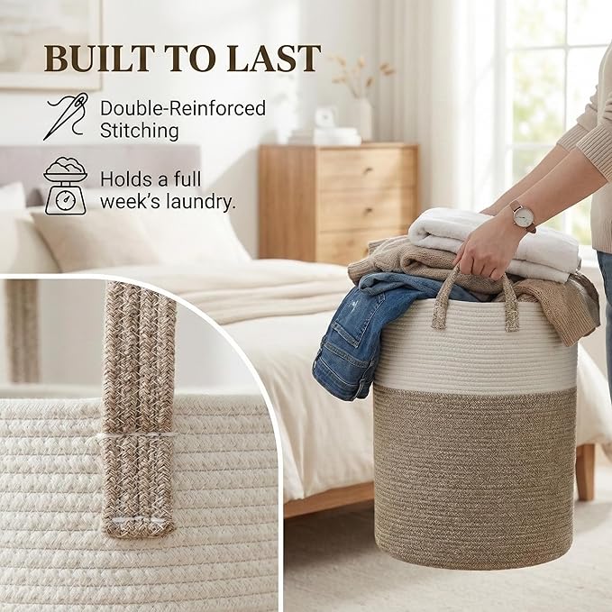 JMvicyroam Large Woven Laundry Basket Hamper,100L Cotton Rope Storage Bin for Blankets,Toys and Clothes,Decorative Tall Nurse
