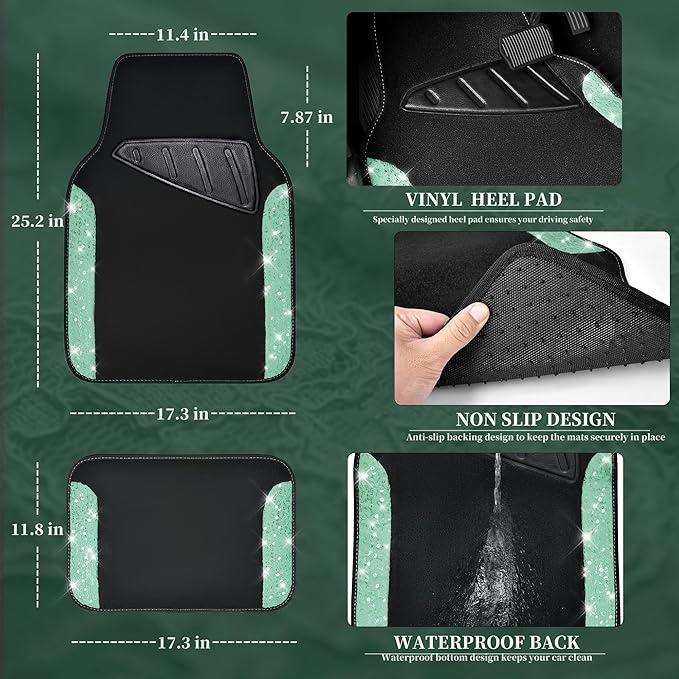 CAR PASS Universal Mint Leather Lace Car Seat Covers Full Set for Women Girls, Waterproof Car Floor Mats Carpet, Glitter Stee
