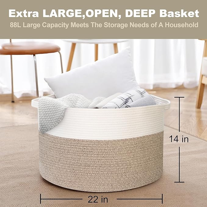MEGASKET Large Rope Storage Basket, 22" X 22" X 14" Extra Large Woven Baskets for Storage, Cotton Rope Basket for Blankets To