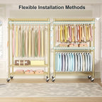 FUTASSI P1 Plus Rolling Clothes Rack, 22mm Diameter Heavy Duty Garment Rack with Wheels, Portable Closets with Shelves and Ha