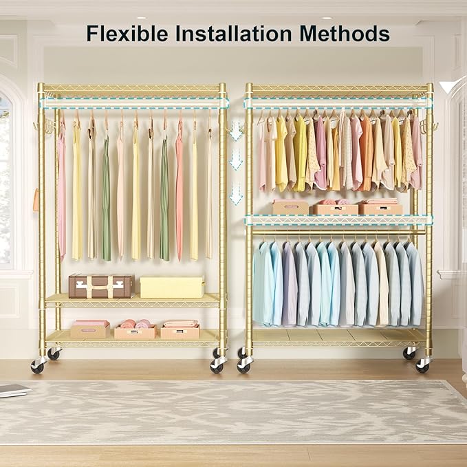 FUTASSI P1 Plus Rolling Clothes Rack, 22mm Diameter Heavy Duty Garment Rack with Wheels, Portable Closets with Shelves and Ha