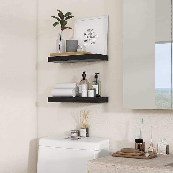 Heimlove 16 inch Black Floating Shelves for Wall,6.7 inch Deep Small Bathroom Over Toilet Shelf,Wall Mounted Wood Shelves for
