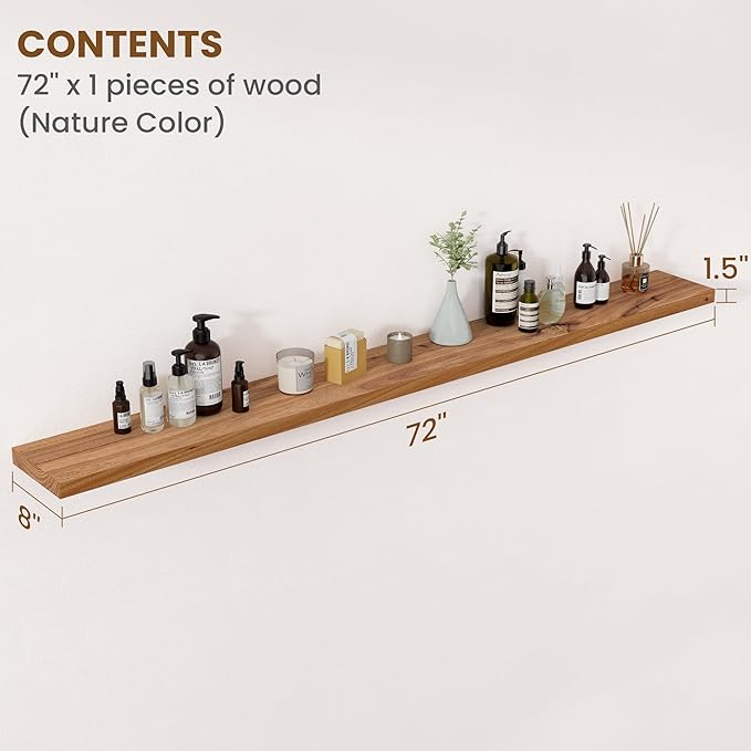 Floating Shelves for Wall Decor, 8" Deep Rustic Solid Elm Wood Floating Shelves Wall Mounted, Wall Shelves with Invisible Bra