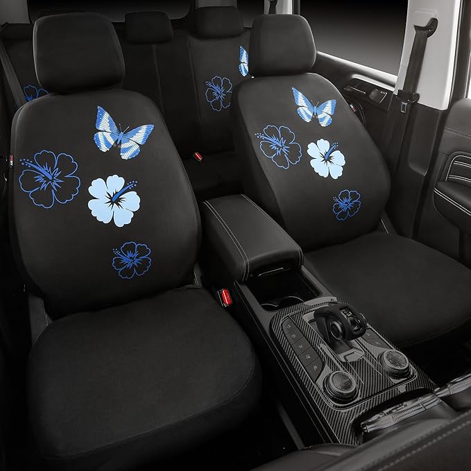 CAR PASS Blue Butterfly Car Seat Covers Full Set, Embroidered Flower Waterproof Car Floor Mats Carpet, Butterflies Steering W