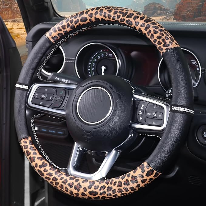 Leopard Steering Wheel Cover Leather 14.5-15 Inch, Bling Rhinestones, Anti-Slip Design, Universal Fit for Cars, SUVs, Cute De