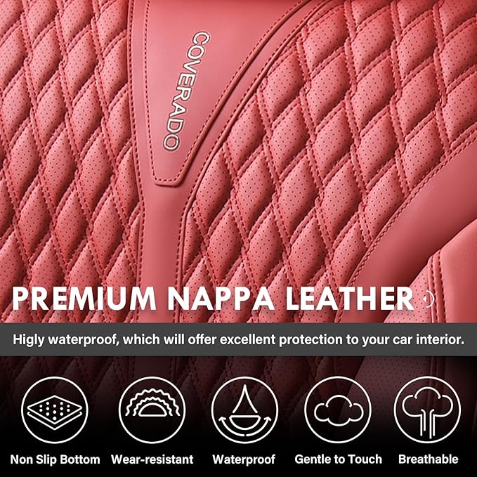 Coverado Car Seat Covers Full Set, Waterproof Nappa Leather Seat Covers for Cars, Front and Back Car Seat Protector, Luxury C