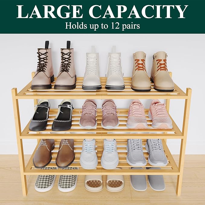 Smiry Bamboo Shoe Rack 3-Tier, Stackable Wooden Shoe Organizer for Entryway & Closet, Free Standing Wood Shoe Storage Shelf f