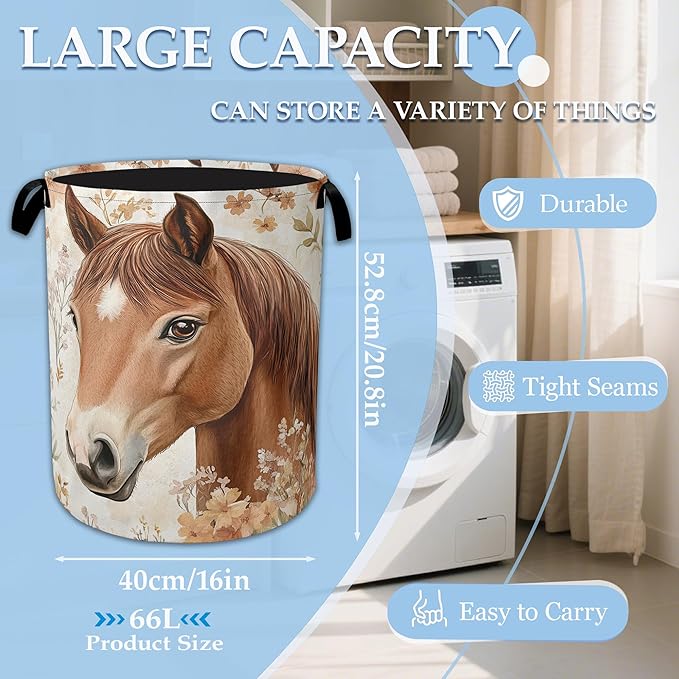 Horse Flowers Laundry Basket Collapsible Laundry Hamper Oxford Storage Bin for Clothes Storage, Toy Organizer, Books and Sund