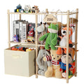 LAMU Stuffed Animal Storage and Kids Bookshelf, Wooden Toy Organizer with Large Toy Box Chest, Kids Bin Shelf Toys Box Bookca