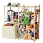 LAMU Stuffed Animal Storage and Kids Bookshelf, Wooden Toy Organizer with Large Toy Box Chest, Kids Bin Shelf Toys Box Bookca