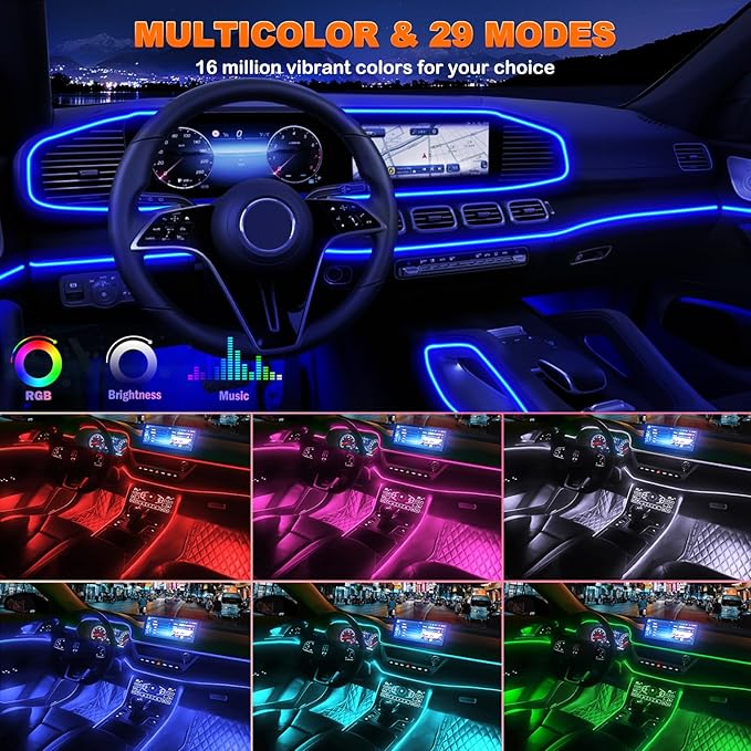 Car LED Strip Lights, USB Interior Ambient Lighting Kits with Wireless APP and RF Remote Control, 16 Million Colors Music Mode Car Decoration Lights with 315 inches 3.0mm Fiber Optic (6 in 1)