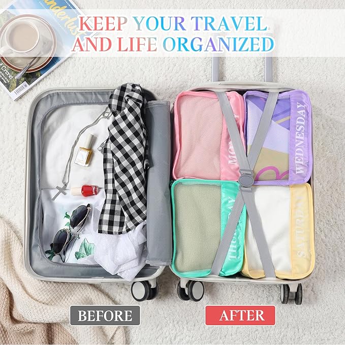Days of Week Packing Cubes Weekly Organizer Travel Storage Bag School Clothes for Kids Summer Camp Family(9x7x3inch,Macaron,1