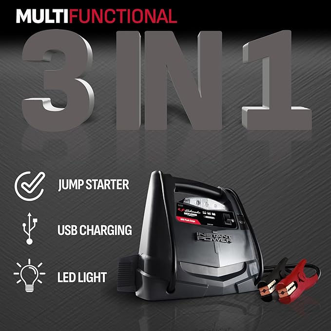 Schumacher Electric 600A Car Battery Jump Starter and Portable Power Station, 3-in-1 Solution, 12V DC Outlet, for 12V Power
