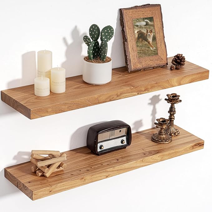Floating Shelves for Wall Decor, 8" Deep Rustic Solid Elm Wood Floating Shelves Wall Mounted, Wall Shelves with Invisible Bra