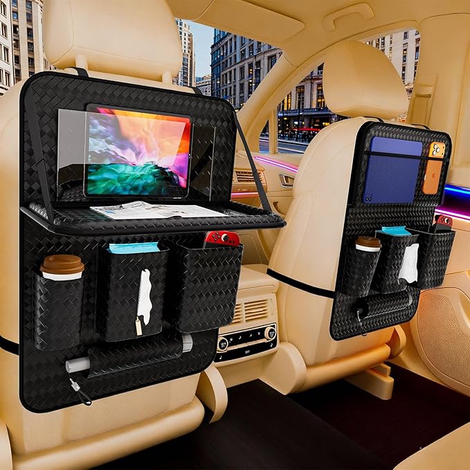 Car Back Seat Organizer, Black Woven Leather Storage Bag, Multifunctional Rear Seat Protector with Tablet Holder, 25.2x17.7 Inches, Abrasion Resistant (black)