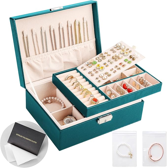 Jewelry Organizer Box Leather Jewelry Box for Girls Womens Earring Organizer with Lock Double Layers Jewelry Case Removable T