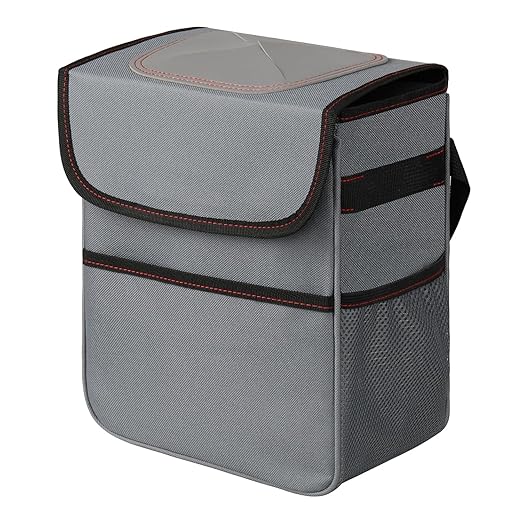 Simple Deluxe Car Trash Can, Multipurpose Bin with Lid and Storage Pockets, Collapsible Adjustable Straps and Portable Organizer, 2 Gallon, Grey