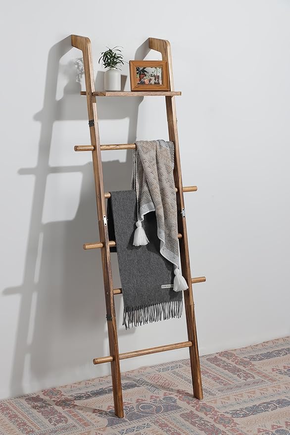 DELITON Blanket Ladder, 5-Tier Wooden Farmhouse Style Towel Rack with Shelf and Hooks, Wall Leaning Decorative Ladder for Liv