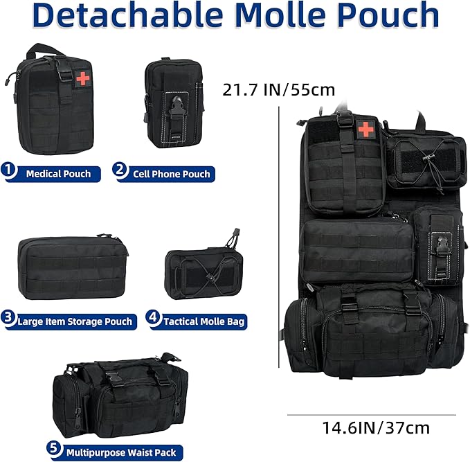 Tactical Car Seat Back Organizer,Back Seat Organizer with 5 Detachable Molle Pouches,Molle Panel Organizer Fits for Vehicel Such as Jeep,Truck,SUV, Car