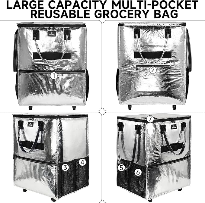Reusable Grocery Bag On Wheels, 70L Foldable Tote with 6 Pockets, 3-Way Carry & Sturdy Handles, Zippered Top, Folds Flat for Shopping, Camping, Moving, Medium, Silver
