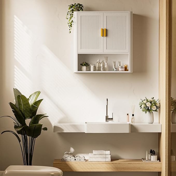 INNOD Bathroom Wall Cabinet, Wall-Mounted Medicine Cabinet with Adjustable Wood Shelf & Doors, Floating Bathroom Cabinet Over