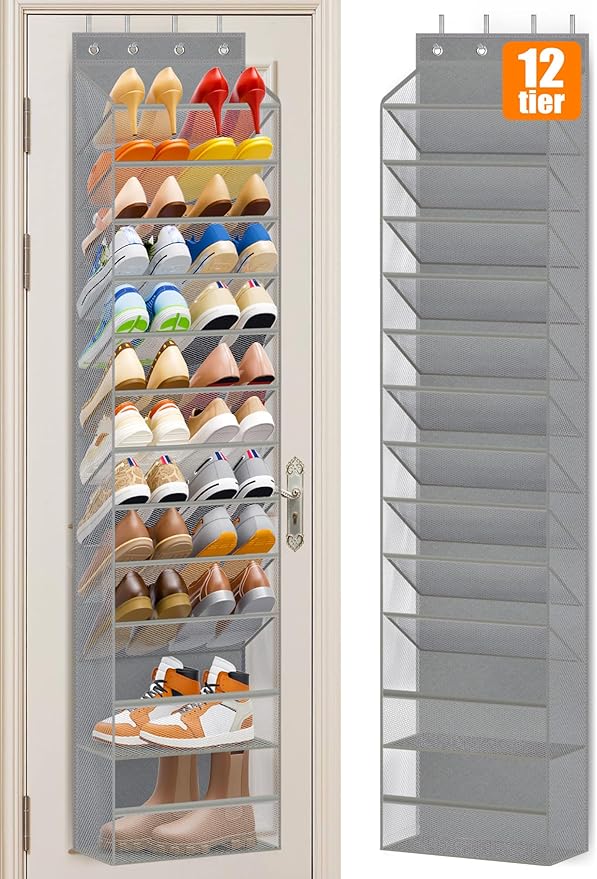 MISSLO 12 Tier Over the Door Shoe Organizer Breathable Mesh Hanging Shoe Rack for Closet Storage Shoe Holder for Door Fit 24 
