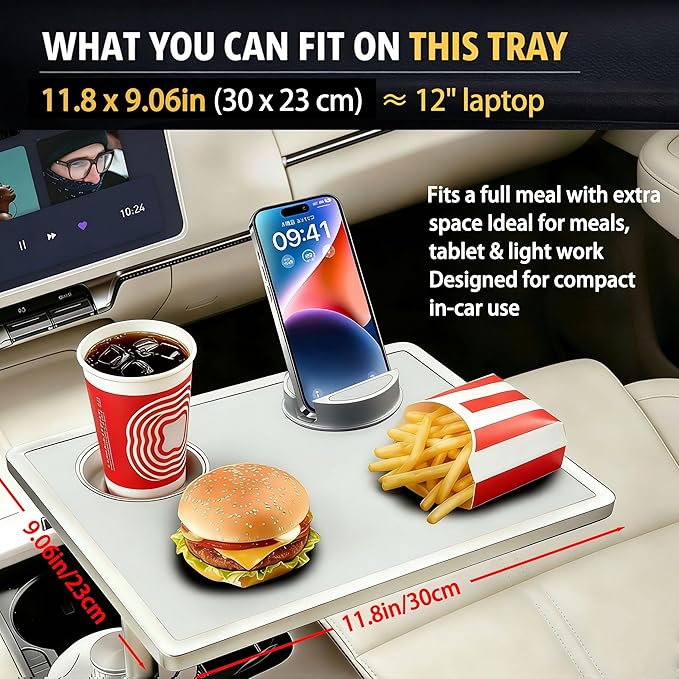 Car Food Tray & Car Table Tray with Car-Grade Aluminum Cup Holder & Phone Stand, Premium Wood with Leather Surface, 360° Rotating Car Desk for Laptop &Eating (Square, White)