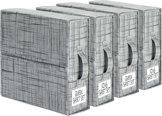 SUOCO SheetCube Bed Sheet Organizers and Storage 4 Pack, Foldable Linen Closet Organizer, Bedding Folder Storage Box Containe