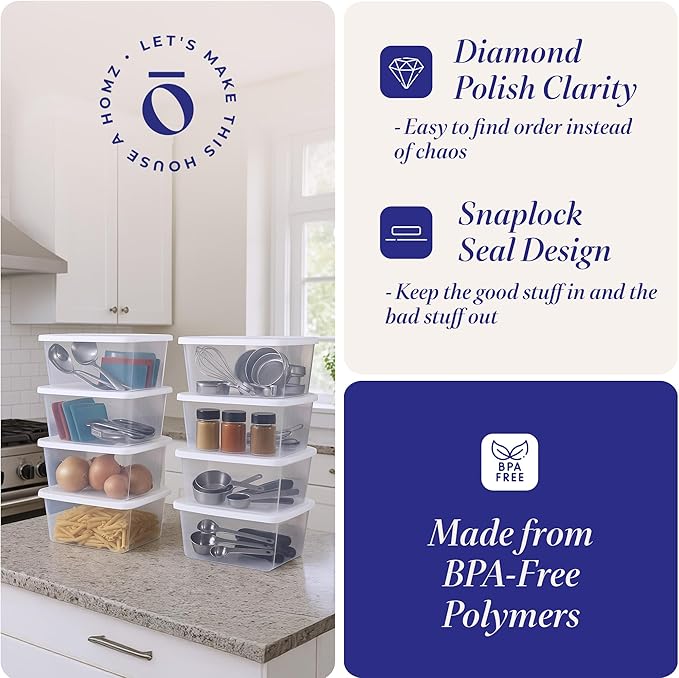 HOMZ 10-Pack Snaplock, Small Clear Plastic Storage Organizer Bins w/ Lids, 6 Quart, White - Stackable Container Boxes for Bed