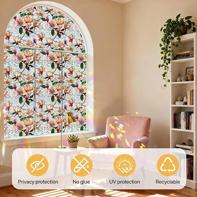 Magnolia Sunroof Stained Glass Window Film Decorative, 3D Rainbow Window Film Non-Glue Static Cling Sunroof Decal for Car Moonroof Home Glass Door Decor, 16.9" x 39.4"