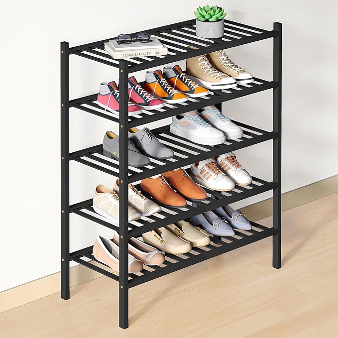 Smiry Bamboo Shoe Rack for Closet, 5 Tier Wooden Stackable Shoe Organizer, Free Standing Shoes Storage Shelf for Entryway, Fr