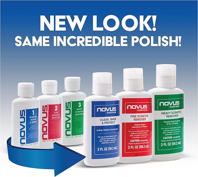 NOVUS-PK1-8 | Plastic Clean & Shine #1, Fine Scratch Remover #2, Heavy Scratch Remover #3 and Polish Mates Pack | 8 Ounce Bottles
