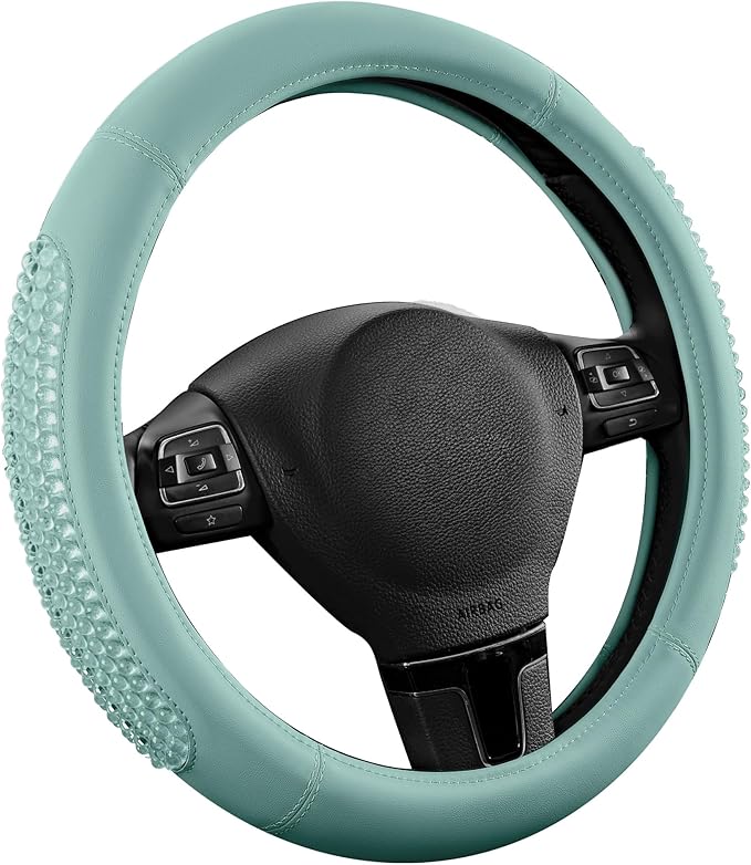 PIC AUTO Steering Wheel Cover, Glitter Gel Particles & Mint Luxury Leather Car Steering Cover, Universal Fit 14.5"-15.5" Anti