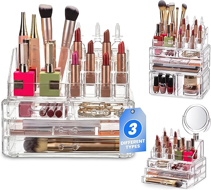 Masirs Clear Makeup Organizer - 16-Compartment Cosmetic and Jewelry Holder with 4 Drawers - Vanity Storage Box for Makeup, Sk