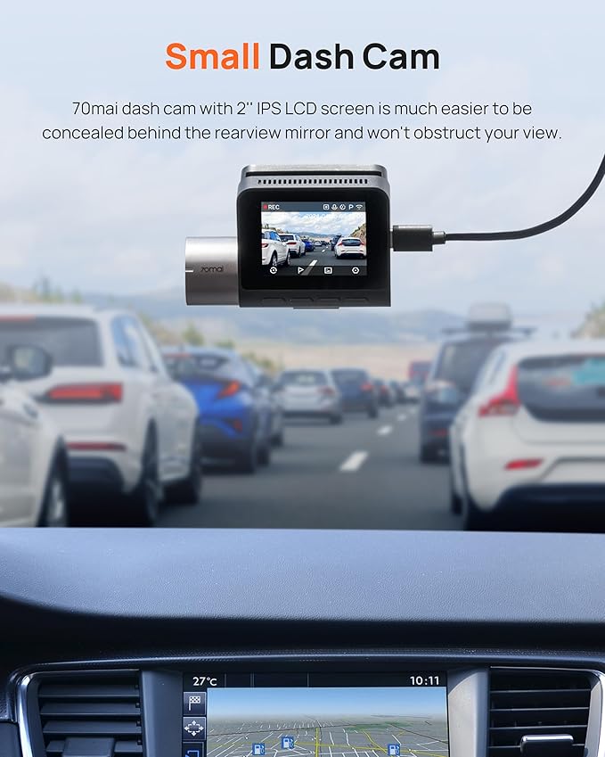 70mai 2.7K Dash Cam Front and Rear A500S, Dual Dash Camera for Cars, Dashcam with APP, Sony IMX335, ADAS, Built-in WiFi GPS, 