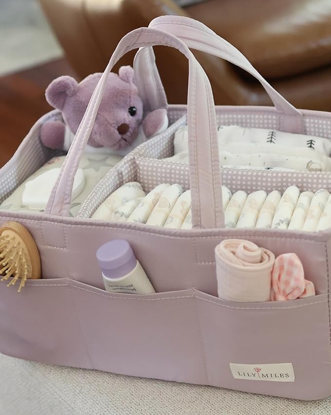Lily Miles Baby Diaper Caddy Organizer, Wipeable Diaper Organizer Basket with 8 Pockets for Newborn Essentials, Baby Shower G