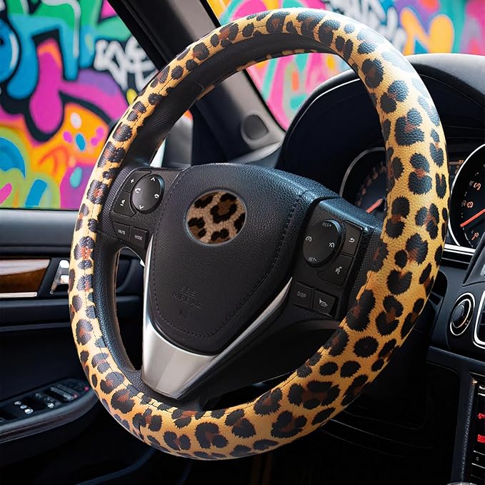 Universal Leather Leopard Cheetah Steering Wheel Cover Women 14.5-15 inch Leopard car Accessories Western Anime Brown Cute Wh