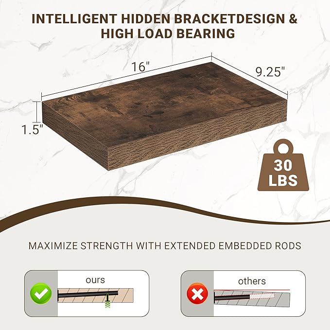 16 Inch Floating Shelves, 16"x9.25"x1.5" Inch Deep Floating Shelves for Wall, Wooden Shelves for Bathroom, Bedroom, Living Ro