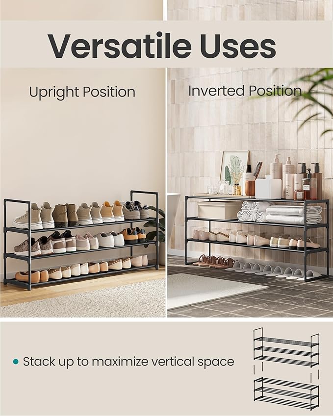 SONGMICS Shoe Rack, 3-Tier Shoe Organizer, Metal Storage Shelf, Upright or Upside Down, for 20-24 Pairs, Stackable, for Entry