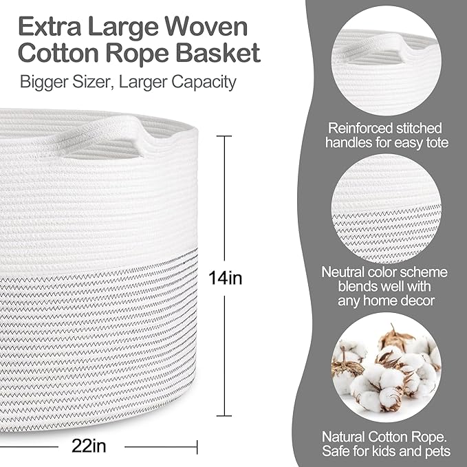 MEGASKET XXXL Large Cotton Rope Blanket Basket for Living Room, Woven Rope Storage Baskets for Organizing, Nursery Kids Toy B