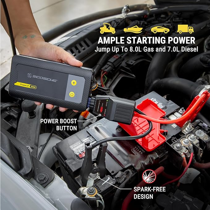 Scosche PBJ2000 Portable Car Battery Jump Starter, 12V Jump Box, 2000A Battery Booster, Jumper Cables Kit for Car (8.0L Gasoline/7.0L Diesel Engines) 30W Fast Charge Power Pack & Charger w/LED Light