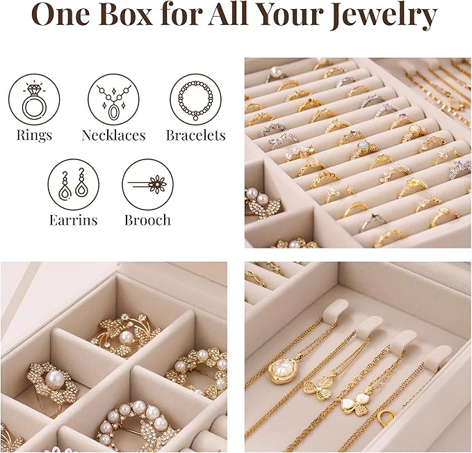 bussdis Glass Lid Jewelry Organizer Box – Beige Velvet Jewelry Case with Ring Slots, Necklace Hooks & Removable Compartments 