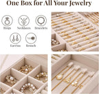 bussdis Glass Lid Jewelry Organizer Box – Beige Velvet Jewelry Case with Ring Slots, Necklace Hooks & Removable Compartments 