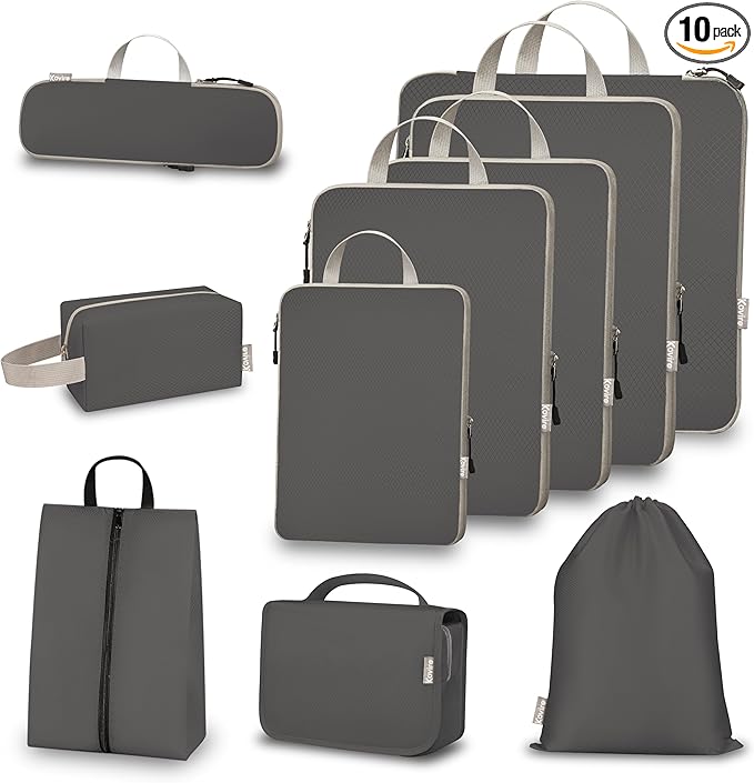 Compression Packing Cubes for Travel, Set of 10 Expandable Luggage Organizers with Shoe Bag, Lightweight Water-Resistant Suit
