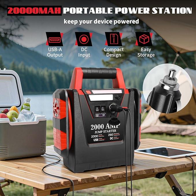 Jump Starter with Air Compressor,2000A Car Battery Jumper Starter 260 PSI Tire Inflator,6 in 1 Auto Lead-Acid Battery