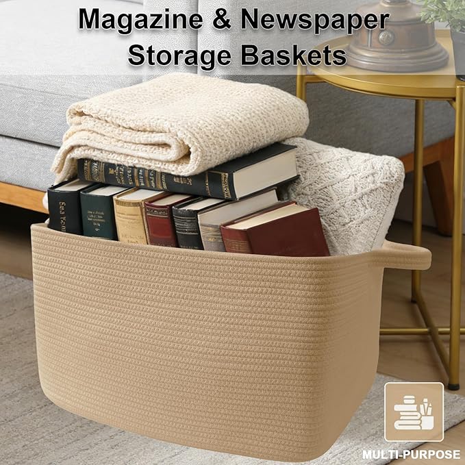 96L Large Blanket Basket,24"x16"x15"Rectangle Storage Bin with Handles,Woven Rope Laundry Basket for Toys, Clothes,Magazines,