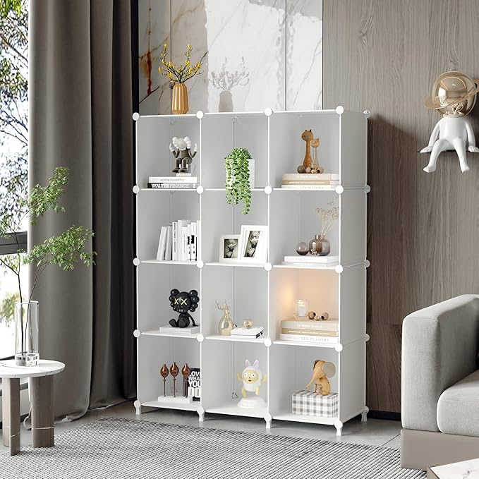 AWTATOS Cube Storage Organizer Storage 12 Cube Bookshelf DIY Plastic Closet Clothes Storage Shelves with Wooden Mallet, Stack