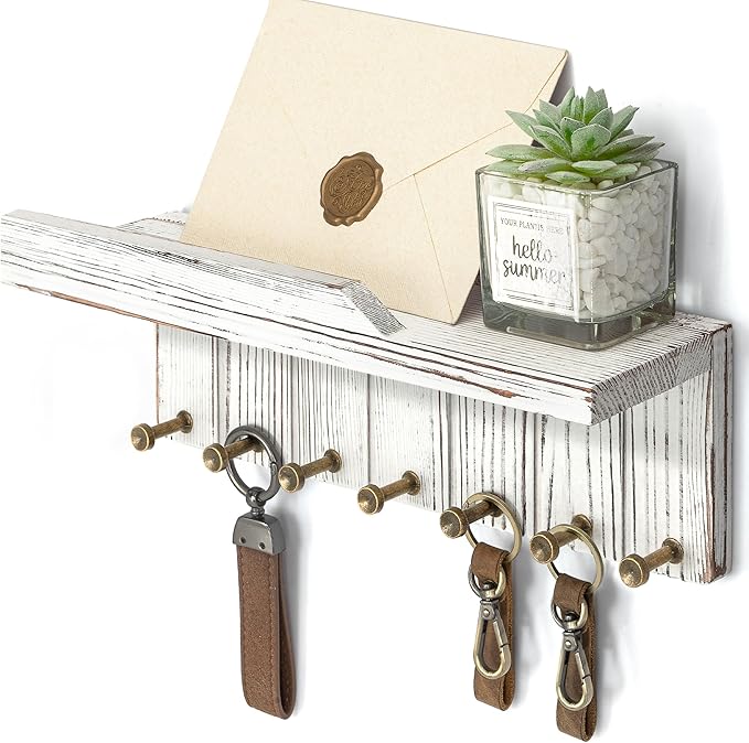 Rebee Vision Farmhouse Key Holder Wall Mount - Key and Mail Holder for Wall with 7 Sturdy Key Hooks and Floating Shelf - Boho